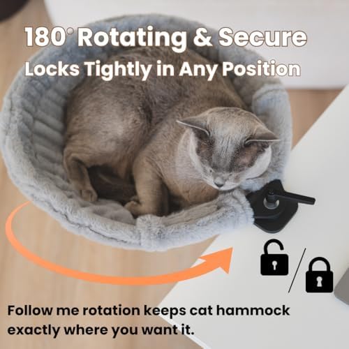 Cat Desk Bed – 180° Rotating & Adjustable Cat Hammock, 2 Washable Covers, Supports 40 lbs, Non-Slip Clamp, Soft Faux Fur, Space-Saving Design for Home Office, Remote Workers, Gamers