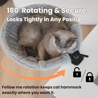 Cat Desk Bed – 180° Rotating & Adjustable Cat Hammock, 2 Washable Covers, Supports 40 lbs, Non-Slip Clamp, Soft Faux Fur, Space-Saving Design for Home Office, Remote Workers, Gamers