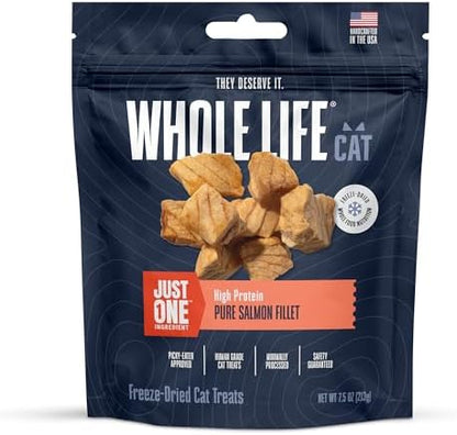 Whole Life Cat Just One Salmon Freeze Dried Cat Treats - Human Grade High Protein Food, Healthy Training Snacks, Freeze Dried Salmon Food Toppers, USA Made Natural Treats - 7.5 oz (Pack of 1)