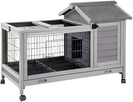 Wooden Rabbit Hutch Indoor and Outdoor, Rabbit Cage with Removable Wire Netting and Leak Proof Tray, Mobile Bunny Cage with Wheels (Grey)