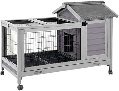 Wooden Rabbit Hutch Indoor and Outdoor, Rabbit Cage with Removable Wire Netting and Leak Proof Tray, Mobile Bunny Cage with Wheels (Grey)