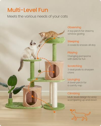 Feandrea Cat Tree, 42.9-Inch Multi-Level Plush Cat Tower, Artificial Leaves