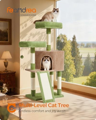 Feandrea Cat Tree, 45.3-Inch Cute Cat Tower, Climbing Condo, Green & Brown