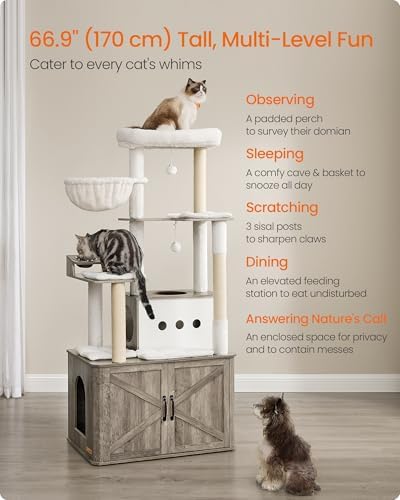 Feandrea Cat Tree, 66.9-Inch Cat Tower with Litter Box Enclosure