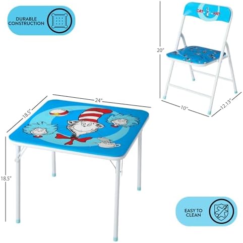 Idea Nuova 3-Piece Furniture Set with 1 Square Table & 2 Folding Chairs for Kids, Cat in The Hat
