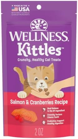 Wellness Kittles Crunchy Cat Treats, All Lifestages, Kitten to Senior, Natural, Grain Free, Salmon and Cranberry Flavor, 2 oz Bag