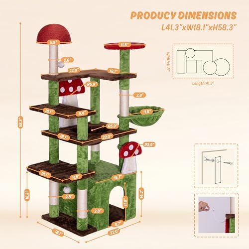 IRONCK 58" Cute Mushroom Cat Tree with Condo and Hammock