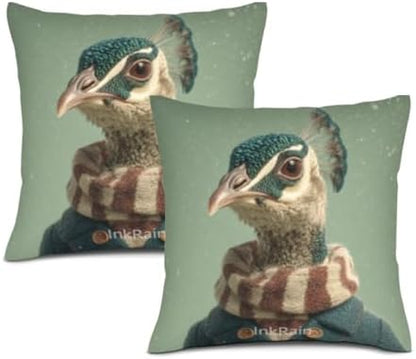 InkRain Winter Animal Cute Peacock Pillow Cover 28x28 Inch Set of 2 Home Decor Decorative Cotton Linen Illustration Pillowcases for Living Room House Sofa
