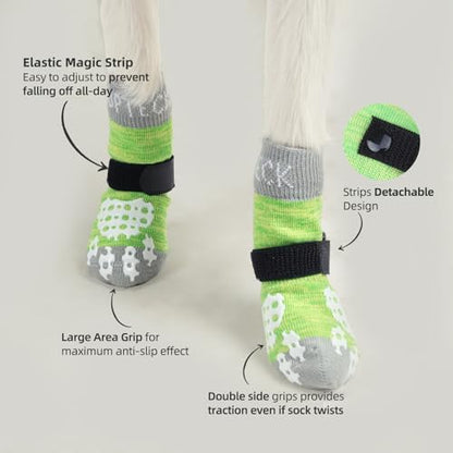 PUPTECK Anti-Slip Dog Socks with Double Sides Grips for Small Medium Large Dogs Hardwood Floors Prevents Licking, Dog Shoes for Hot Pavement Traction Control for Senior Dogs, Fluorescent Green, L