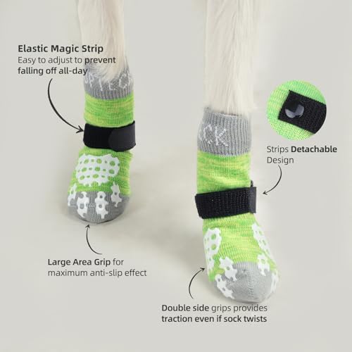 PUPTECK Anti-Slip Dog Socks with Double Sides Grips for Small Medium Large Dogs Hardwood Floors Prevents Licking, Dog Shoes for Hot Pavement Traction Control for Senior Dogs, Fluorescent Green, XS