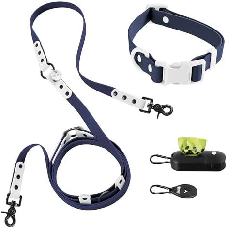 Medium Luna 8FT Adjustable 6-in-1 Waterproof Hands-Free Leash and Collar Set with LED Flashlight, Waste Bag Dispenser, and Poop Bag Holder, Navy White, Highball WLK1005J-5SET