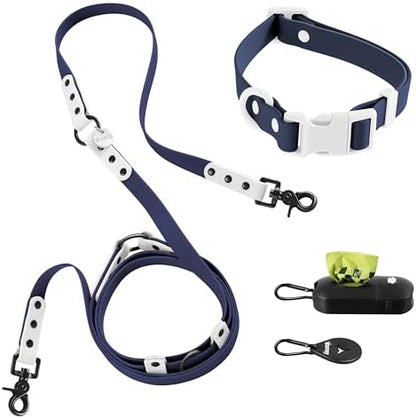 Medium Luna 8FT Adjustable 6-in-1 Waterproof Hands-Free Leash and Collar Set with LED Flashlight, Waste Bag Dispenser, and Poop Bag Holder, Navy White, Highball WLK1005J-5SET