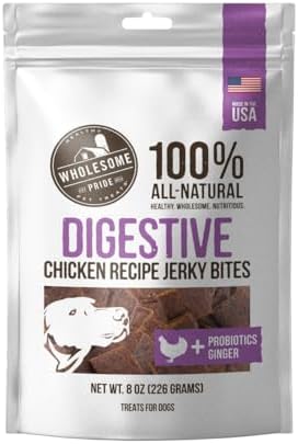 Wholesome Pride Functional Digestive Support Chicken Jerky Bites, USA Made Dog Treats - 8 oz