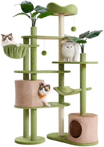 Feandrea Cat Tree, 68.1-Inch Multi-Level Plush Cat Tower, Artificial Leaves