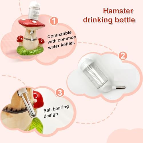 Mushroom Ceramic Hamster Hideout, Water Bottle with Stand, Food Bowl, Hamster Accessories (red)
