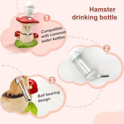 Mushroom Ceramic Hamster Hideout, Water Bottle with Stand, Food Bowl, Hamster Accessories (red)
