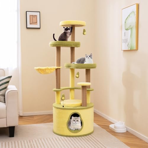 PETSITE 62.5 Inch Avocado-Themed Cat Tree, Multi-Level Modern Cat Tower with Jute Scratching Posts, Cat Condo, Dangling and Spring Toy, and Removable Cushions, Cute Cat Tree Tower for Indoor Cats