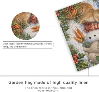 Merry Christmas Garden Flag 12x18 Inch Rabbit Pair Snowman Carrot Basket Holly Pinecone Watercolor Winter Outdoor Yard Lawn Front Porch Welcome Double Sided Banner Decor