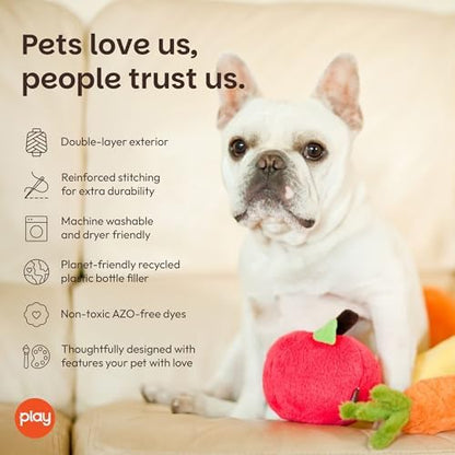 P.L.A.Y. Cute Plush Dog Toys - Fruit & Vegetable Themed Durable Squeaker Chew Toy, Great for Puppies & Small, Medium, Large Dogs - Machine Washable, Recycled Materials (Garden Fresh Apple, X-Small)