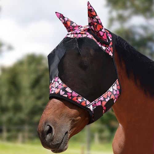 Harrison Howard Pro LumiVista Horse Half Face Fly Mask Large Eye Space with Ears UV Protection for Horse Cute Hearts M
