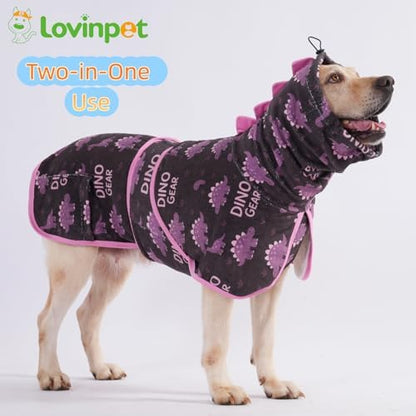LovinPet 3-in-1 Dog Warm Winter Coat & Bathrobe, Blue, Dinosaur Fleece, L