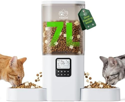 Frienhund Timed Automatic Cat Feeder 2 Cats with Slow Feed: Dual Automatic Dog Feeder with Information Visualization, Programmable Auto Cat Food Dispenser for Multiple Pets,Detachable for Clean-29 Cup