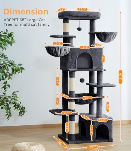 ABCPET 68" Multi-Level Large Cat Tree Tower for Indoor Cats, Grey