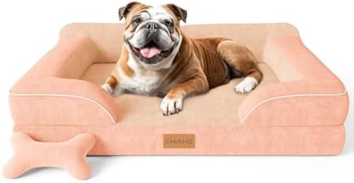CWAWZ Dog Beds for Large Dogs, Orthopedic Dog Bed with Cooling Gel Memory Foam, Waterproof Large Pet Bed with Removable Washable Cover, 36" Pet Sofa Couch Dutch Velvet with Bone Toy, Peach Pink