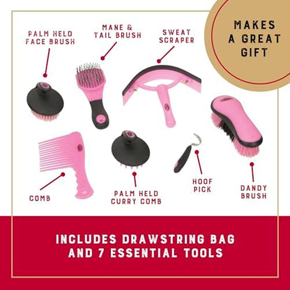 Weaver Equine Horse Grooming Kit, 7-Piece Horse Brush Set with Organizer Tote Bag, Hoof Pick, Comb, Sweat Scraper, Equine Tools for Daily Grooming, Gray/Pink