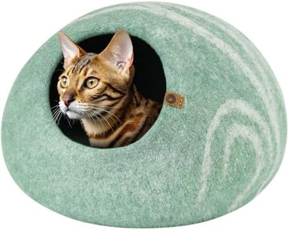 MEOWFIA Cat Cave - Merino Wool Bed for Indoor Cats (Pistachio, Medium)