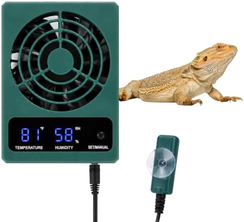Reptile Ventilation Fan, Auto Temperature/Thermometer Control LED Digital Humidity Gauge, °C/°F Switchable Dehumidifier for Reptile Tank, Rainforest, Ecological Pet Rearing Box