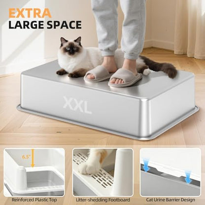 WoofiGo XXL Stainless Steel Cat Litter Box, High Sided Open Top Litter Pan