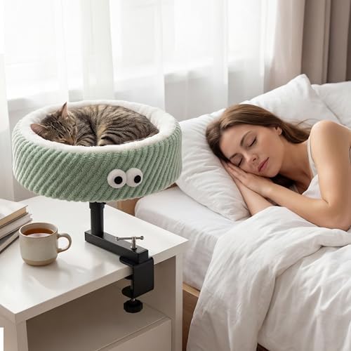 Cat Desk Bed, 2-in-1 Clamp On Desk Mount Perch & Nest, 360° Rotating Adjustable, 60 LBS Safe Weight Capacity, Washable Cushion for Small & Large Cats, Home Office Desk Hammock (Green)