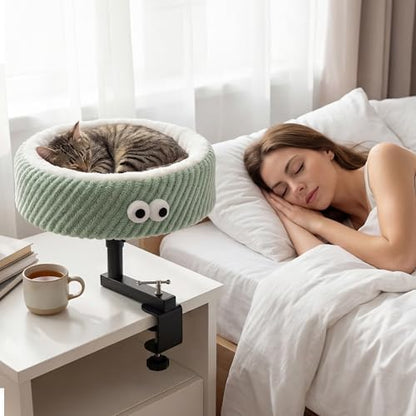 Cat Desk Bed, 2-in-1 Clamp On Desk Mount Perch & Nest, 360° Rotating Adjustable, 60 LBS Safe Weight Capacity, Washable Cushion for Small & Large Cats, Home Office Desk Hammock (Green)