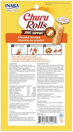 INABA Churu Rolls Joint Support for Dog, Functional Lickable Dog Treat with Taurine & Green Tea Extract, 1.26oz Each, 18 Tubes Total, Chicken Recipe