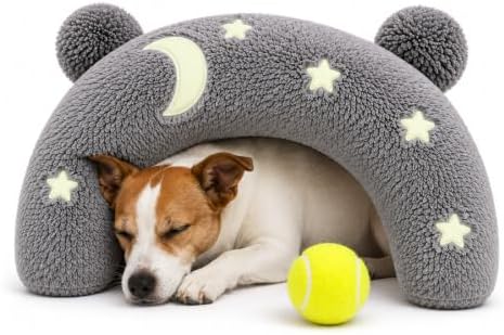 Glow in The Dark Pet Pillow with Tennis Ball – Cozy Calming Cushion with Soft Night Sky Design, Washable Headrest & Body Pillow for Small Dogs & Cats, L Size 15" × 9.5" × 3.1"