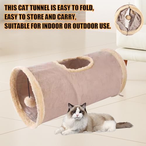 Cat Tunnel,Indoor Cat Play Tube Toys with Play Ball,Durable Collapsible Rabbit Hideaway Tunnel for Kitten,Bunny, Guinea Pig, Rat, Hamster, Ferret, Chinchilla (Khaki)