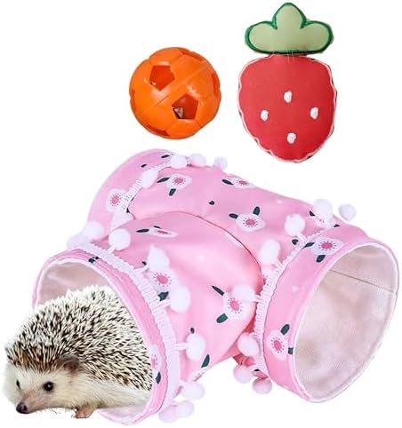 Hedgehog Cage Accessories Hideout Tunnel Small Animal, Tunnel and Bell Balls Toy set, Hedgehog Hideout with 2 pcs Toys, Small Animal Tubes for Hamster Guinea Pig Squirrel, Hedgehogs Accessories (Pink)