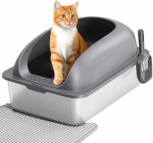 OLIXIS Stainless Steel Large Cat Litter Box with Lid, High Wall Sides