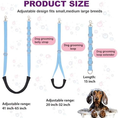 Dog Grooming Belly Strap - 3PCS Grooming Restraint Set Adjustable Belly Band Loops Strap with Padded Support & Loop Extension Straps Pet Grooming Harness Kit for Dogs (Sky Blue)