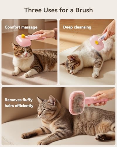 ROJECO 3-in-1 Pet Steam Brush,Spray Hair Removal Detangling Comb,Pink