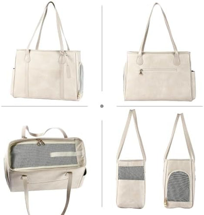 Stylish Dog Purse Carrier, Leather Pet Carrier Bag for Small Dogs Cats Puppy, Airline Approved Soft-Sided Carrier Beige