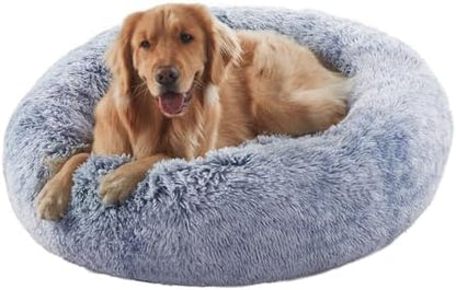36 inches Faux Fur Fluffy Donut Dog Bed for Large Dogs,Dark Blue