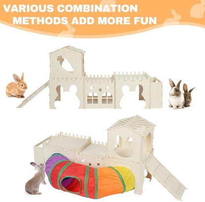 Extra Large Wooden Rabbit Hideout with Tunnels and Hay Feeder - Multistory Bunny Castle with Stairs, Climbing Tower and Sturdy Habitat for Indoor Bunnies, Guinea Pigs, Chinchillas Small Animal