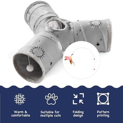 Tempcore Cat Tunnel, 3-Way Collapsible Toy for Indoor Cats, Grey Sun