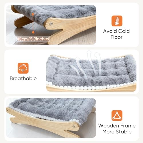 Plush Elevated Cat Bed - Cozy Raised Cat Hammock with Solid Wood Frame, Soft Furry Cushion for Indoor Cats & Small Dogs, Multi-Color Options(Grey)