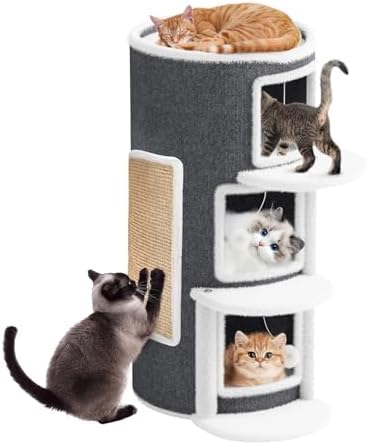 3-Storey Cat Beds for Indoor Cats House, Covered Beds & Furniture with Scratch Pad, Cat Hideaway Cave, Condo with Dangling Fluffy Balls for Multiple Kitten, Grey 15.75X15.75X35.43INCH