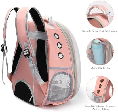 Bird Backpack Carrier, Travel Bird Cage for Small Medium Size Parrot Parakeet Budgies Cockatiel, Portable Clear Bubble Window Bag with Stainless Steel Tray Food Bowl Standing Perch (Pink)
