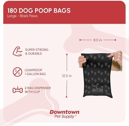 Downtown Pet Supply Poop Bags for Dogs with Dispenser, 180 Count - Leak-Proof Dog Waste Bags and Bone-Shaped Dog Poop Bags Holder for Leash - Black with Paw Prints, 12.5" x 8.5"
