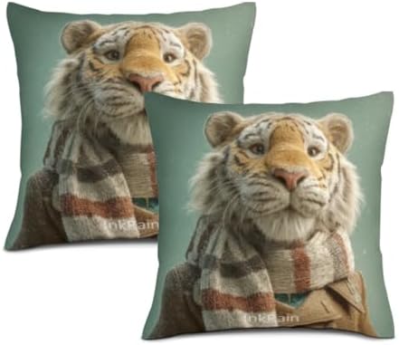 InkRain Winter Animal Cute Tiger Pillow Cover 26x26 Inch Set of 2 Home Decor Decorative Cotton Linen Illustration Pillowcases for Living Room House Sofa